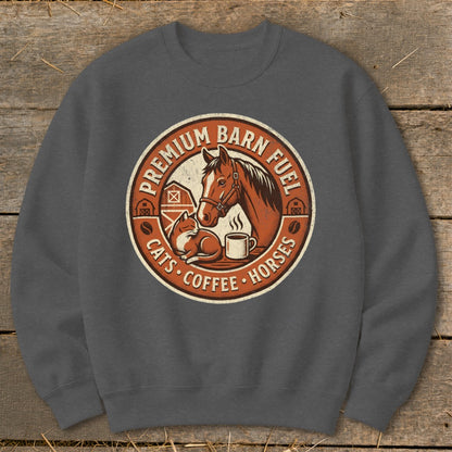 Graphic of horse, cat, and coffee mug with text "Premium Barn Fuel Cats Coffee Horses".