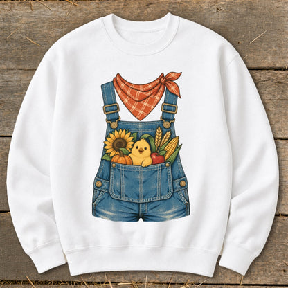 White sweatshirt with denim overalls graphic featuring a chick, sunflower, pumpkin, and corn.