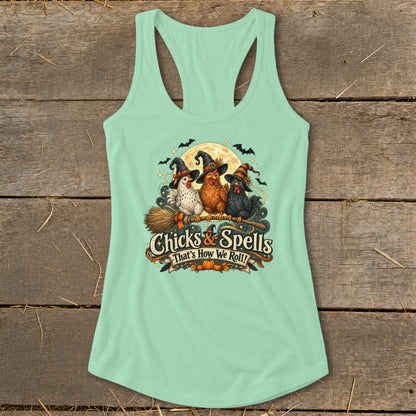 Three witches' chickens on a broomstick with the text "Chicks & Spells That's How We Roll!"