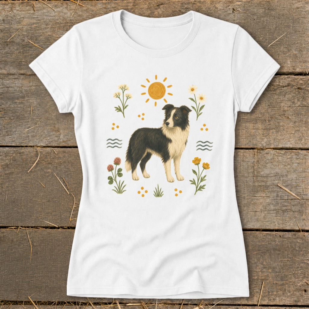 White t-shirt with a Border Collie dog surrounded by sun, flowers, and waves.
