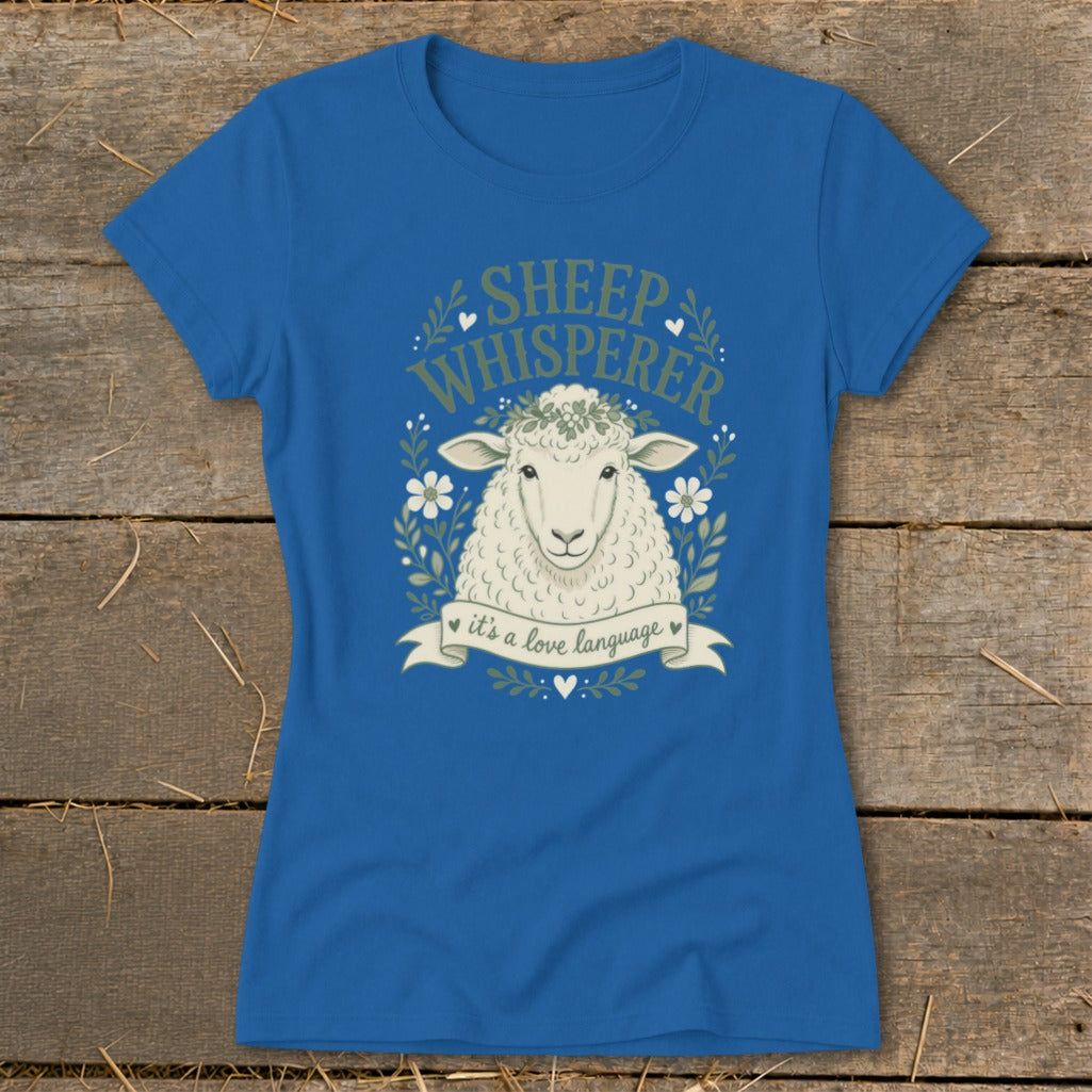 Blue t-shirt with sheep graphic and text "Sheep Whisperer" and "it's a love language".