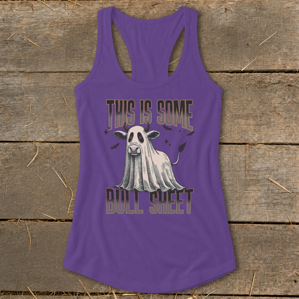 Purple tank top with a cow dressed as a ghost, saying "This is Some Bull Sheet".