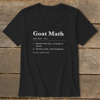 Black V-neck shirt with "Goat Math" definition printed in white text.