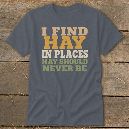 "I Find Hay In Places Hay Should Never Be" text on a charcoal t-shirt.
