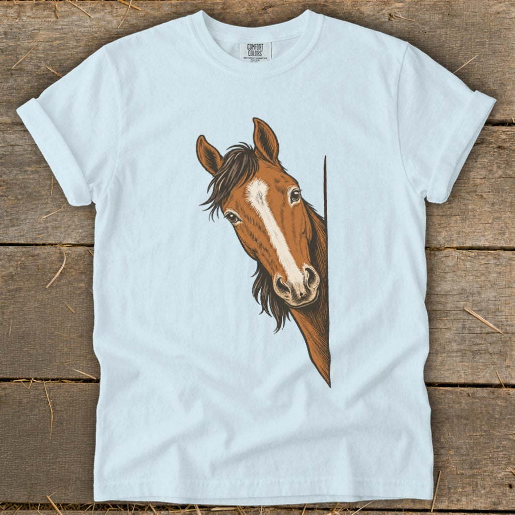 Light blue t-shirt with a peeking brown horse illustration.