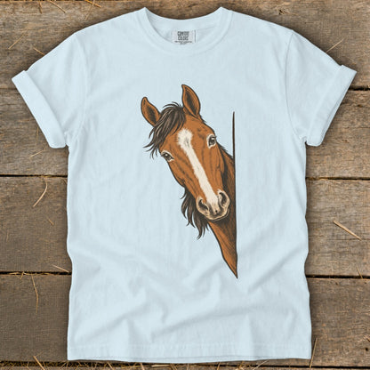 Light blue t-shirt with a peeking brown horse illustration.