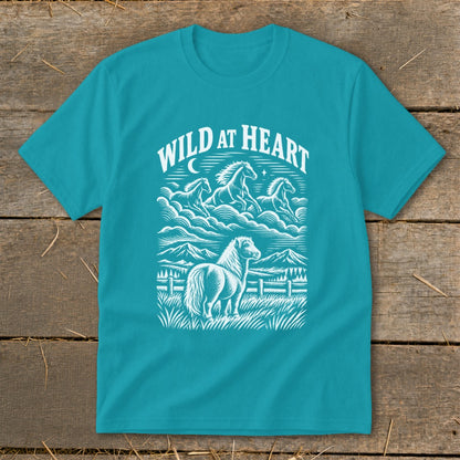 Teal t-shirt with white "WILD AT HEART" text and horse illustration.