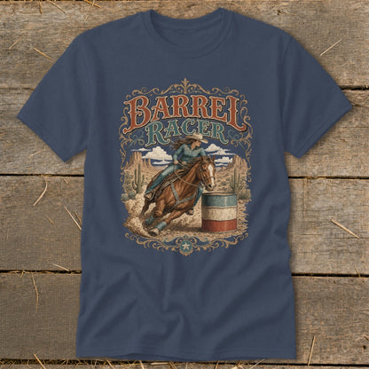 Barrel racer on horseback rounding a barrel with desert landscape and text.