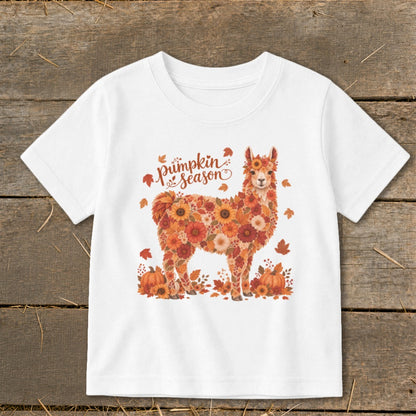 White t-shirt with a floral llama graphic and "Pumpkin Season" text.