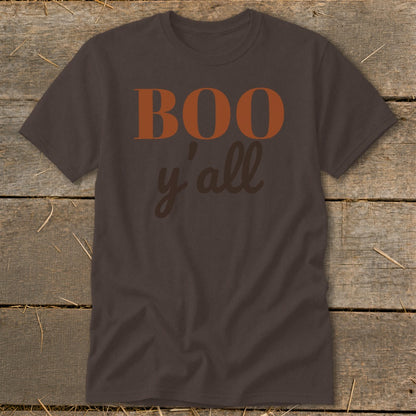 Brown t-shirt with "BOO y'all" text in orange and brown.