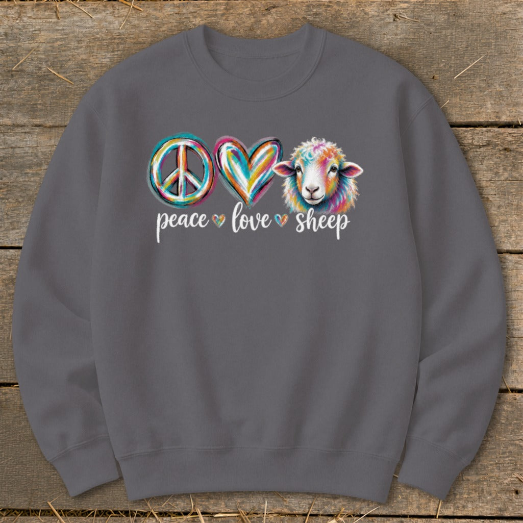 Dark gray sweatshirt with peace, love, and sheep graphic.