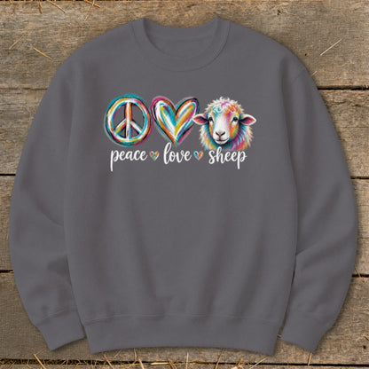 Dark gray sweatshirt with peace, love, and sheep graphic.