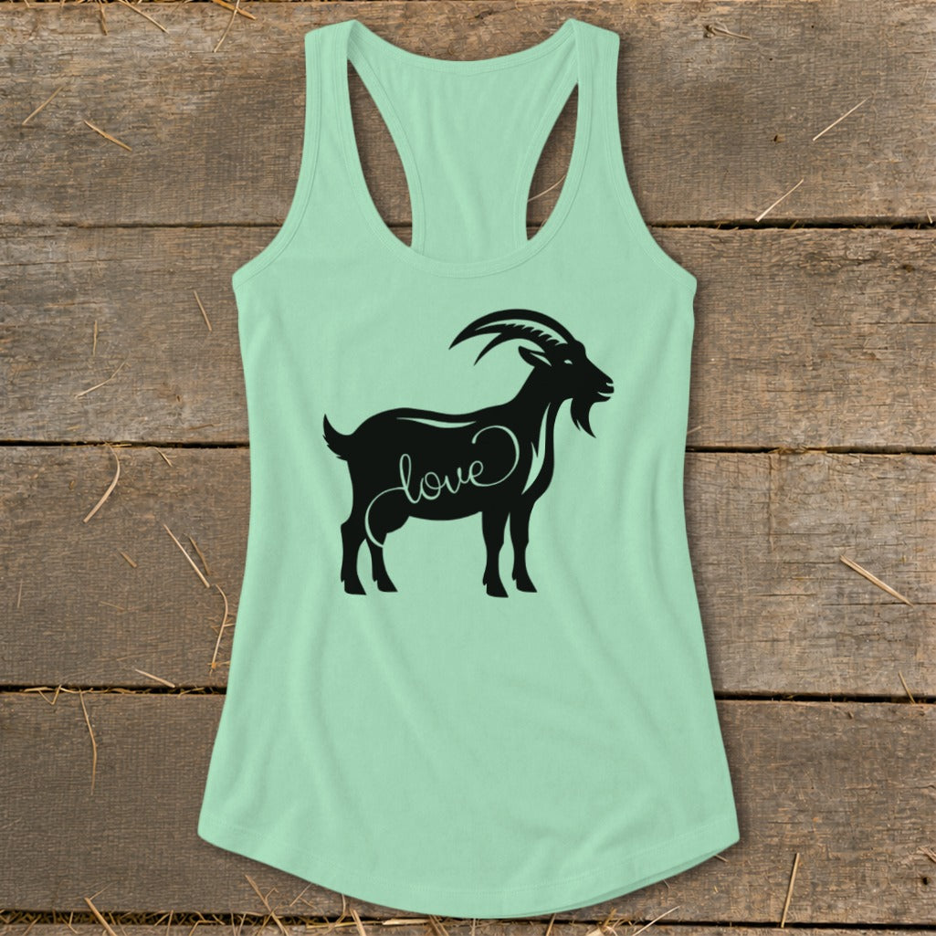 Light green racerback tank top with black goat silhouette and "love" text.