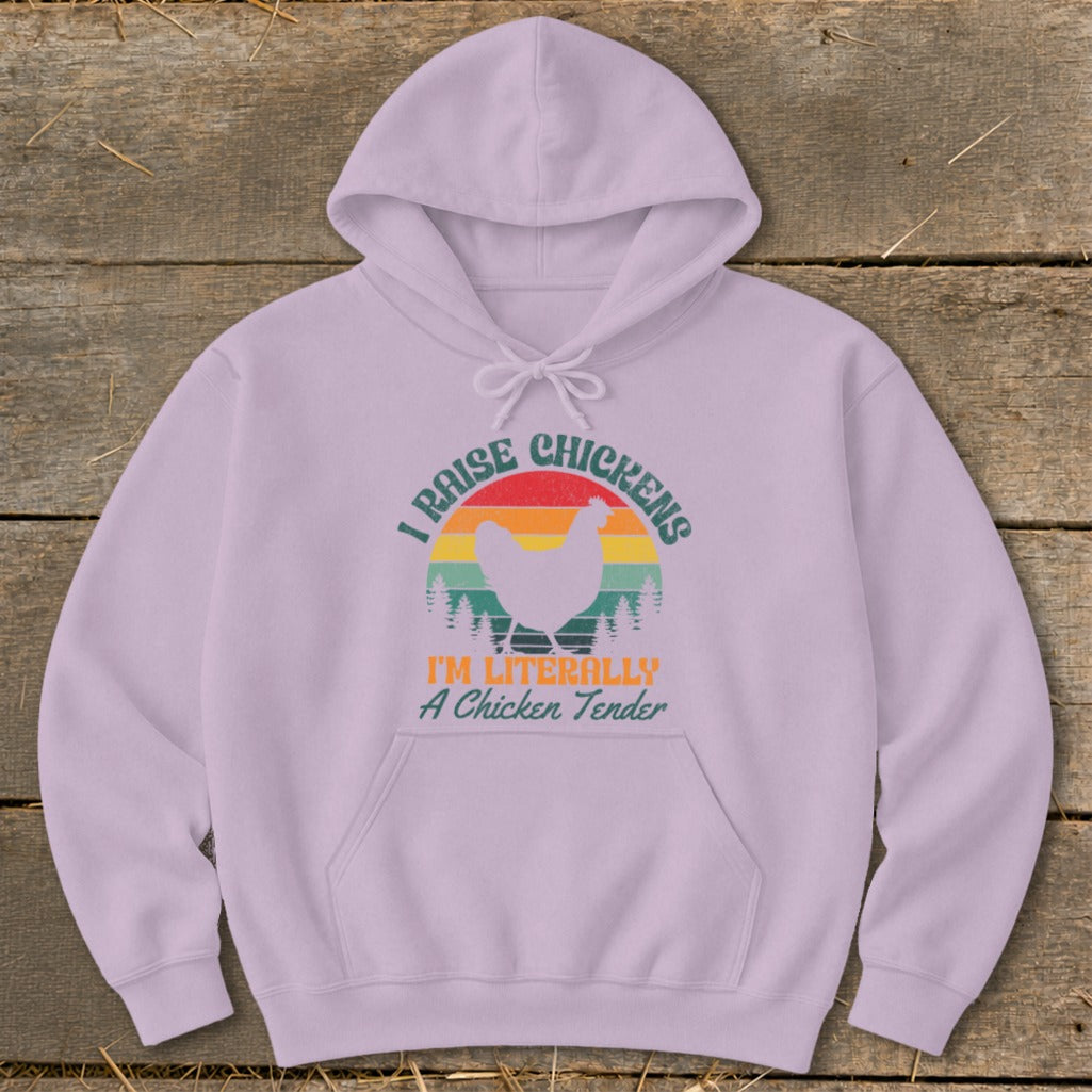 Light purple hoodie with a graphic of a chicken, trees, and sunset with text "I RAISE CHICKENS".