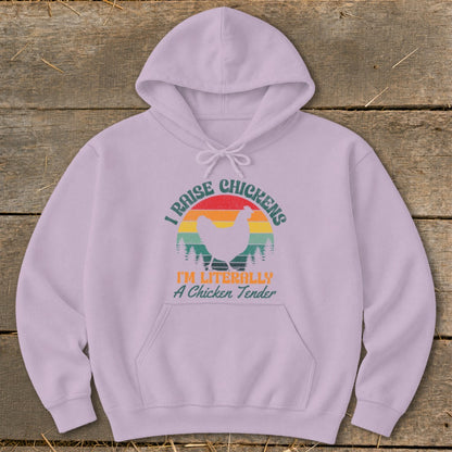 Light purple hoodie with a graphic of a chicken, trees, and sunset with text "I RAISE CHICKENS".