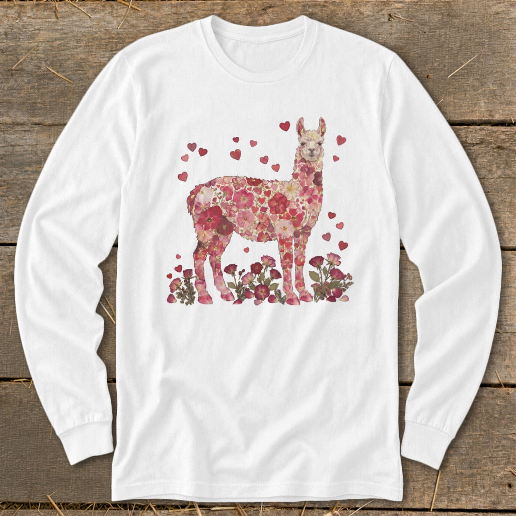 White long-sleeve shirt with a llama made of pink and red flowers.