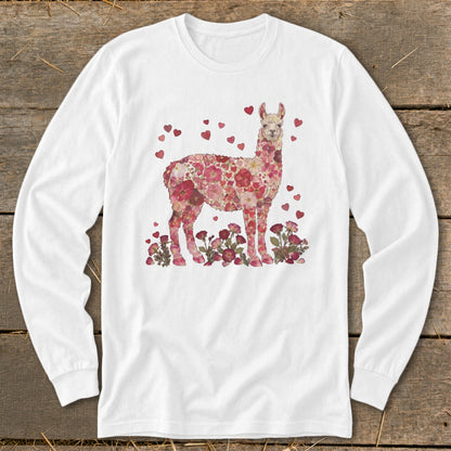 White long-sleeve shirt with a llama made of pink and red flowers.