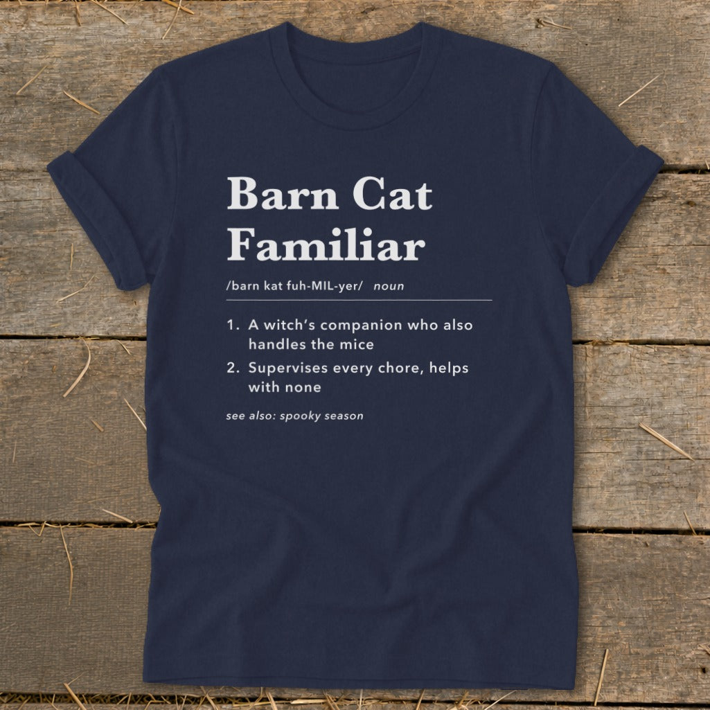 Navy t-shirt with "Barn Cat Familiar" definition and "spooky season" reference.