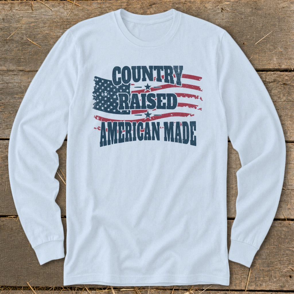 White long sleeve shirt with distressed American flag graphic and text.