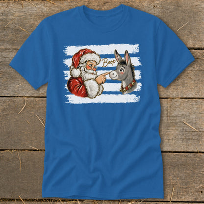 Santa booping a donkey on the nose, with "Boop" text.