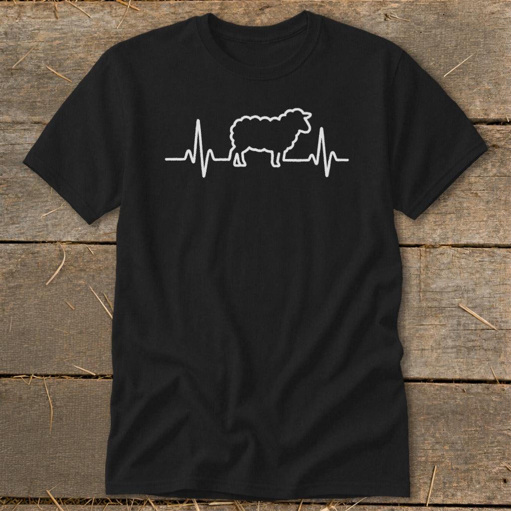 A black short-sleeved t-shirt featuring a white graphic of a sheep integrated into a heartbeat line.