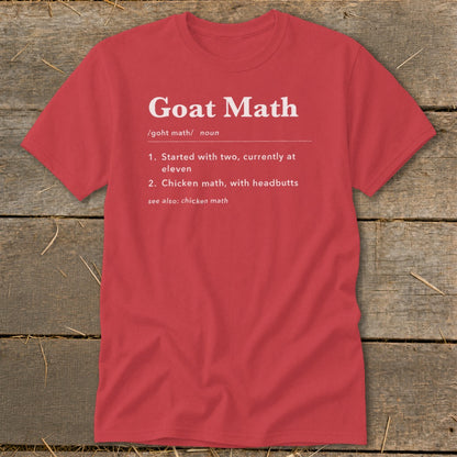 Red t-shirt with "Goat Math" definition printed in white text.