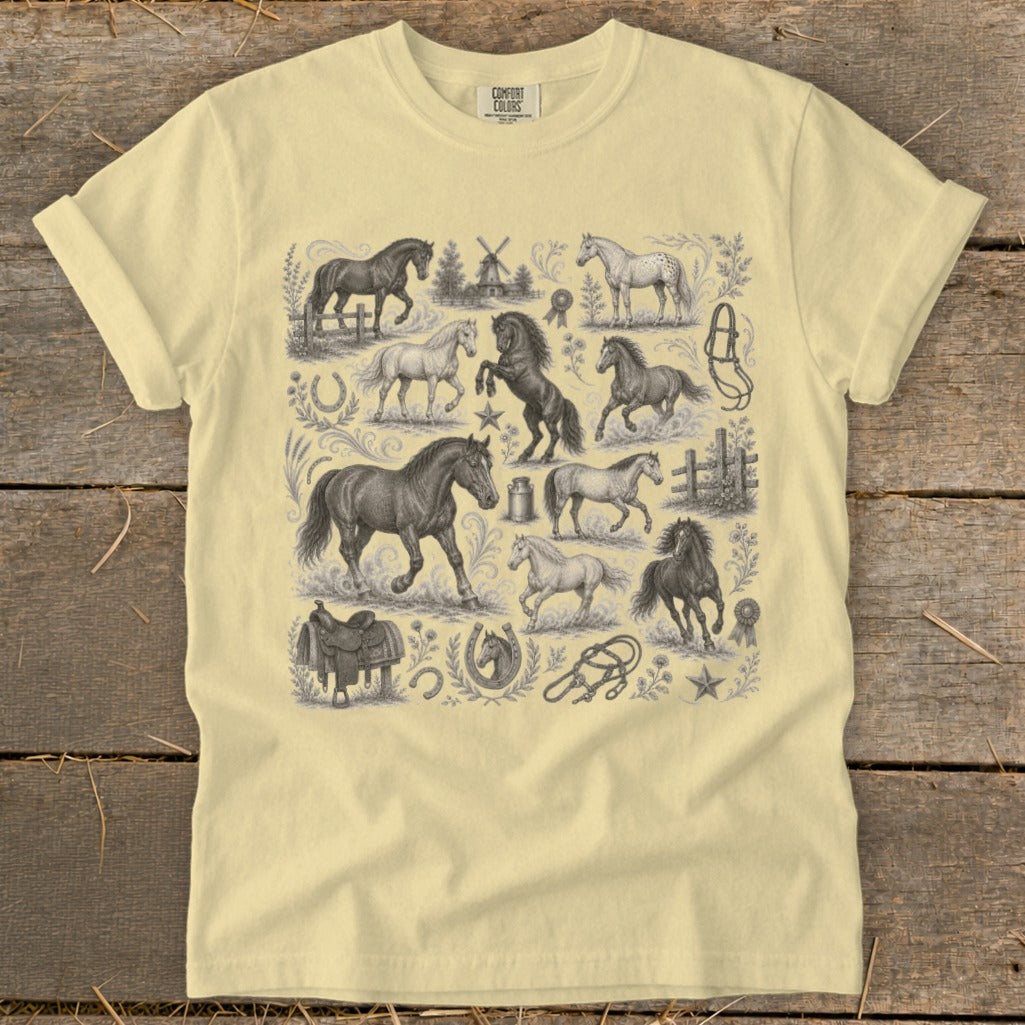 T-shirt displays a vintage montage of horses, saddles, and equestrian elements.
