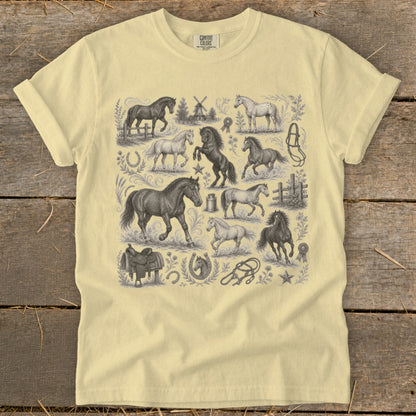 T-shirt displays a vintage montage of horses, saddles, and equestrian elements.