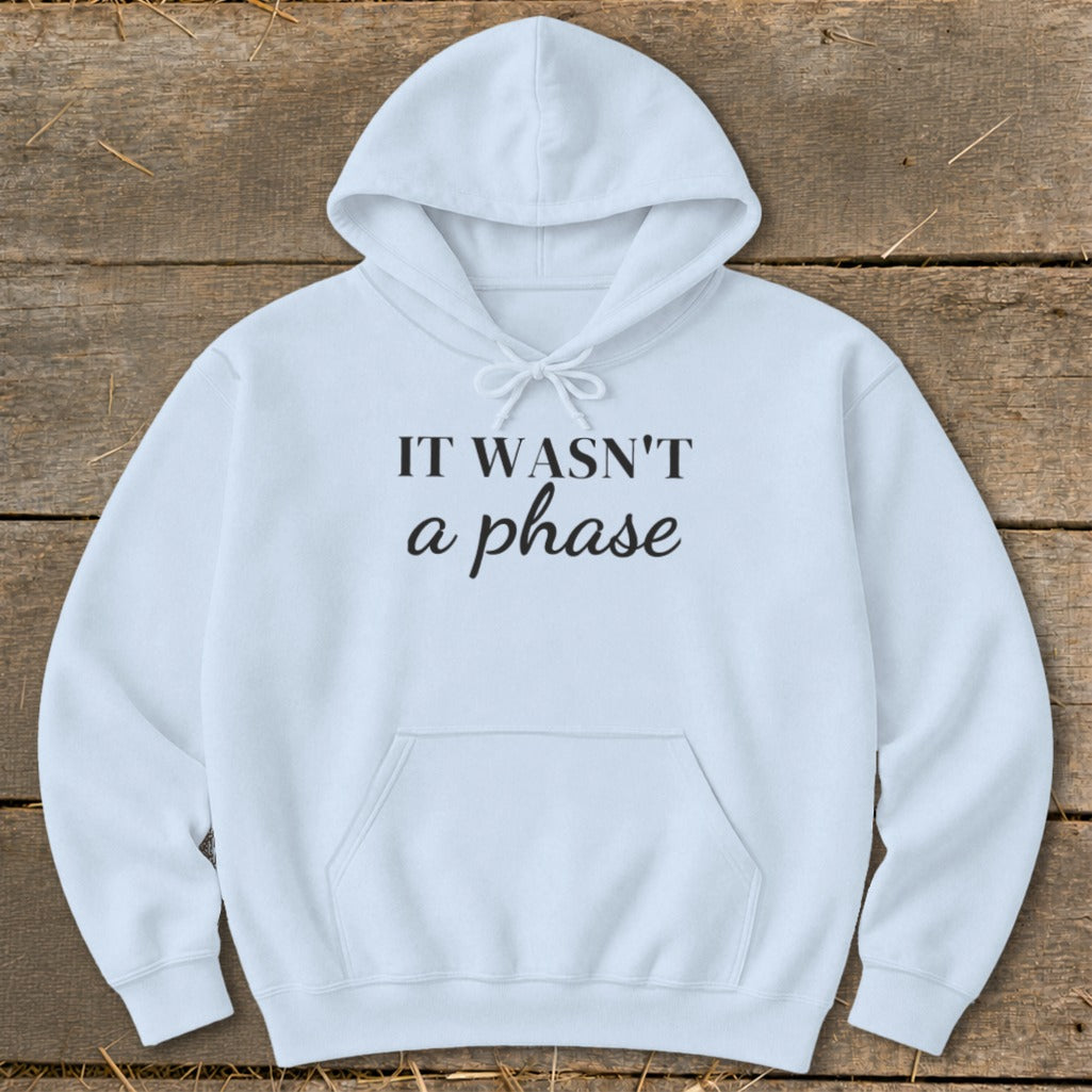 Light blue hoodie with "IT WASN'T a phase" text and a kangaroo pocket.