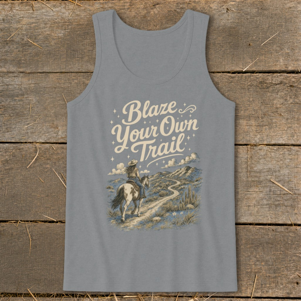 Tank top with desert landscape and "Blaze Your Own Trail" text.