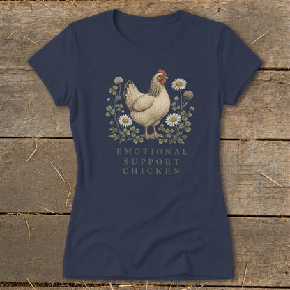 Navy t-shirt with a hen surrounded by flowers and text reading "Emotional Support Chicken".