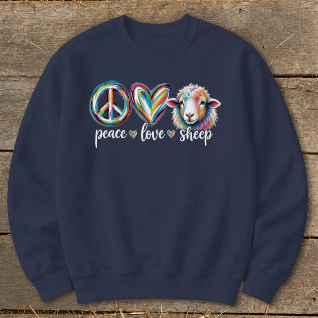 Peace, love, sheep graphic on a navy blue sweatshirt.