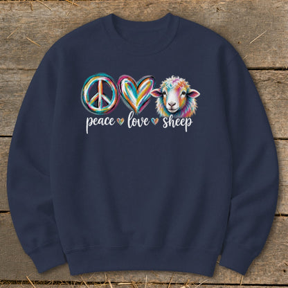 Peace, love, sheep graphic on a navy blue sweatshirt.