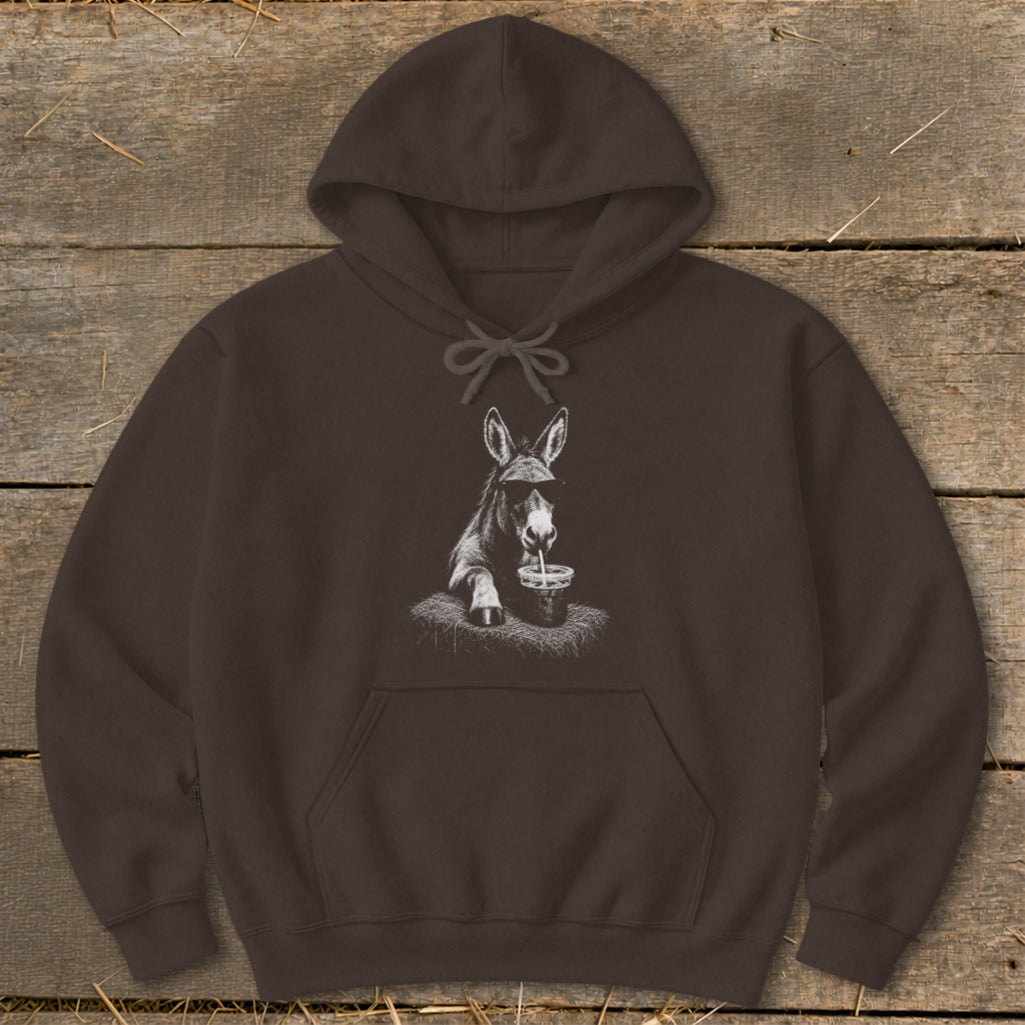 Brown hoodie with a black and white graphic of a donkey wearing sunglasses drinking from a cup.