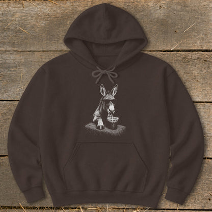 Brown hoodie with a black and white graphic of a donkey wearing sunglasses drinking from a cup.