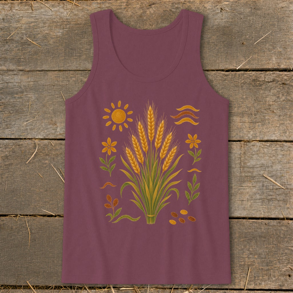 Burgundy tank top with wheat stalks, sun, flowers, leaves, and seeds design.