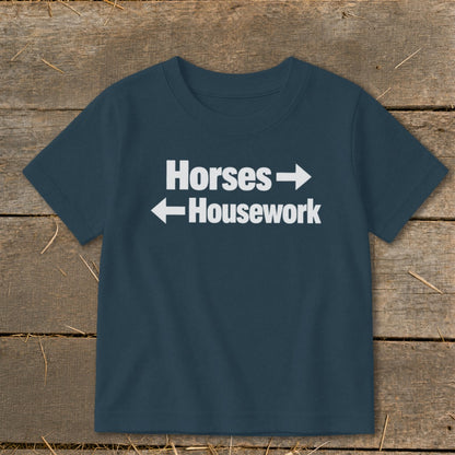 Dark blue crewneck t-shirt with white text reading Horses and Housework with directional arrows.