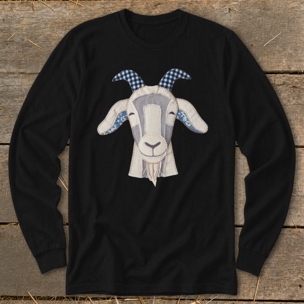 Black long-sleeve shirt with a rustic patchwork goat face design.