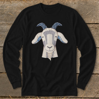 Black long-sleeve shirt with a rustic patchwork goat face design.