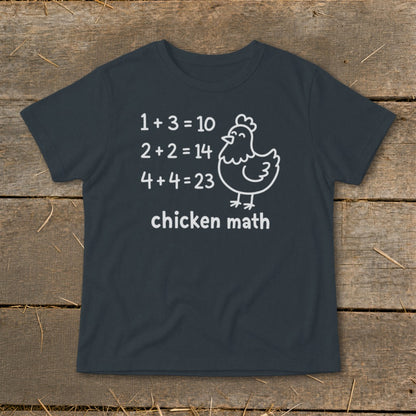 Dark gray t-shirt with "chicken math" text and math problems.