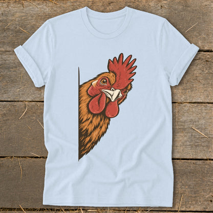 Light blue t-shirt with a cartoon rooster peeking from the side.