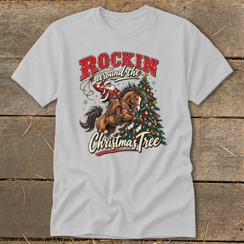 Santa on a horse with a lasso near a Christmas tree, text "Rockin' around the Christmas Tree".