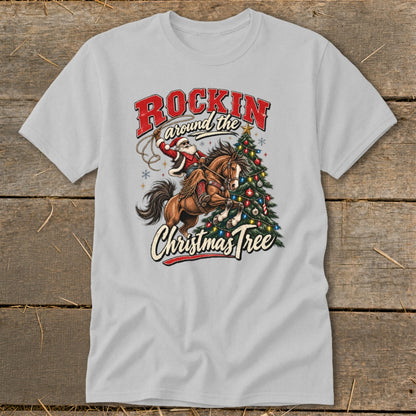 Santa on a horse with a lasso near a Christmas tree, text "Rockin' around the Christmas Tree".