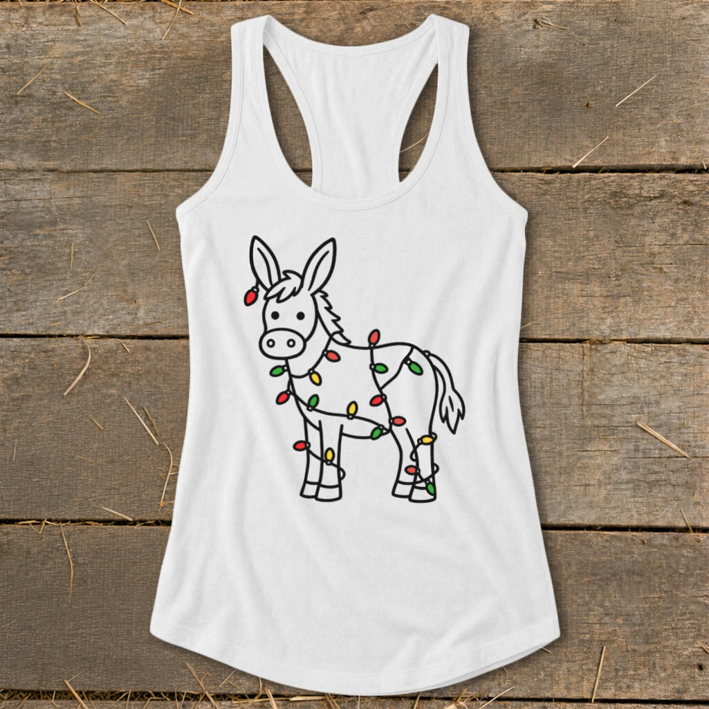 White tank top with a cartoon donkey wrapped in colorful Christmas lights.