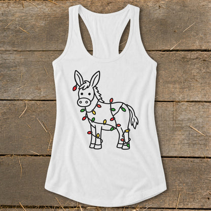 White tank top with a cartoon donkey wrapped in colorful Christmas lights.