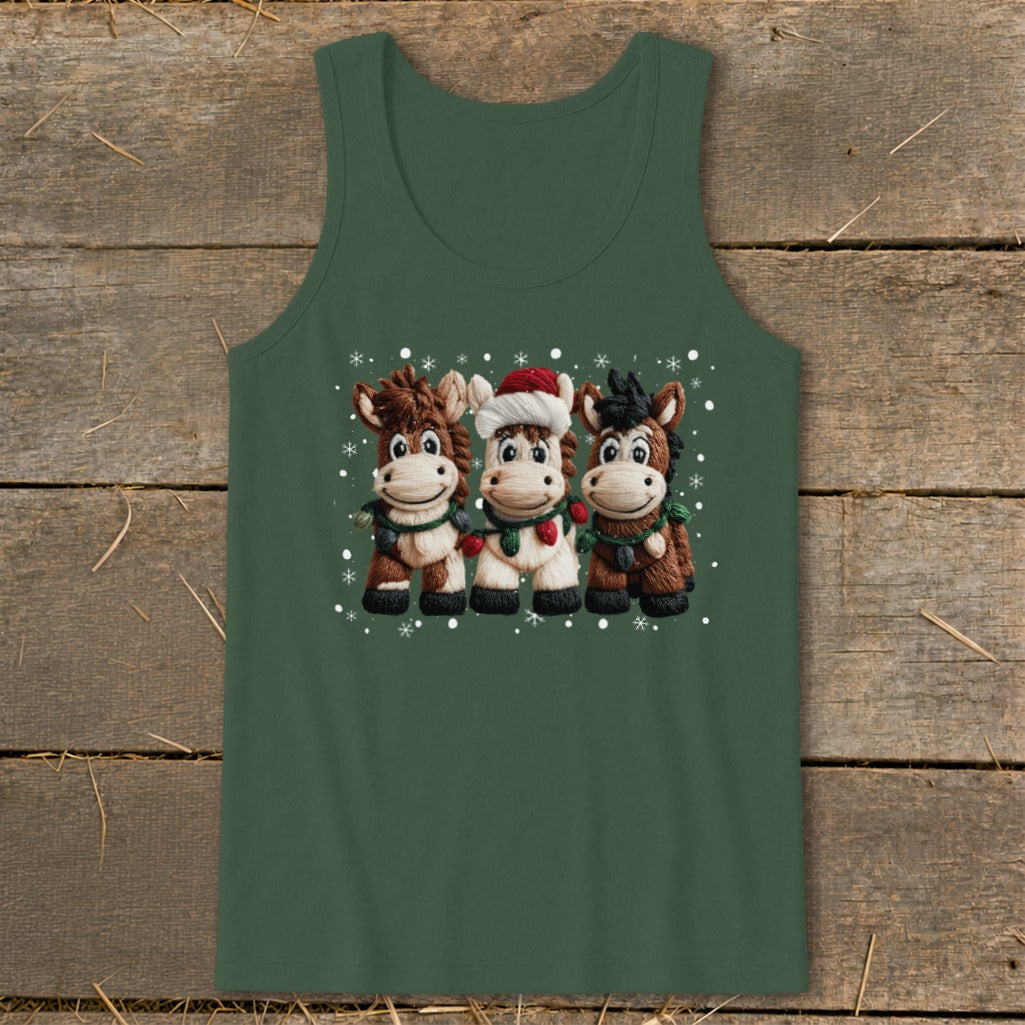 Three cartoon donkeys wearing Christmas scarves and lights on a green tank top.