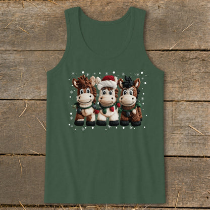 Three cartoon donkeys wearing Christmas scarves and lights on a green tank top.