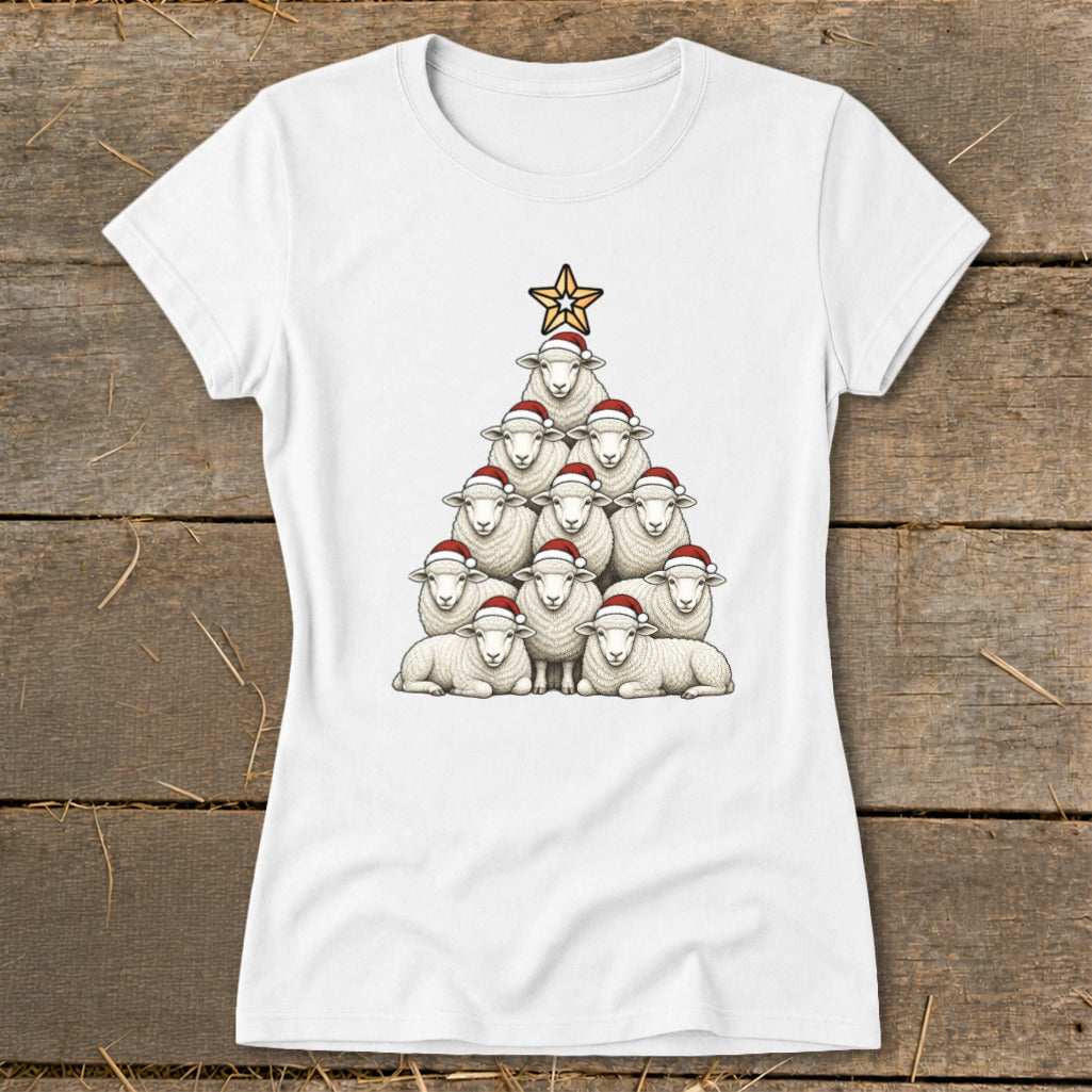 White t-shirt with a Christmas tree made of sheep wearing Santa hats.