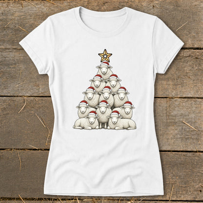 White t-shirt with a Christmas tree made of sheep wearing Santa hats.