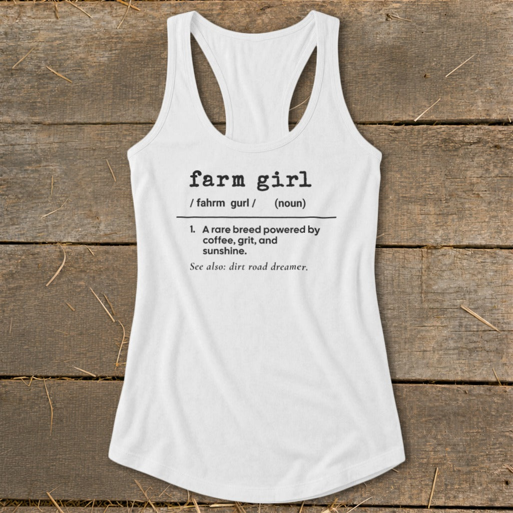 White tank top with "farm girl" definition print about coffee, grit, and sunshine.